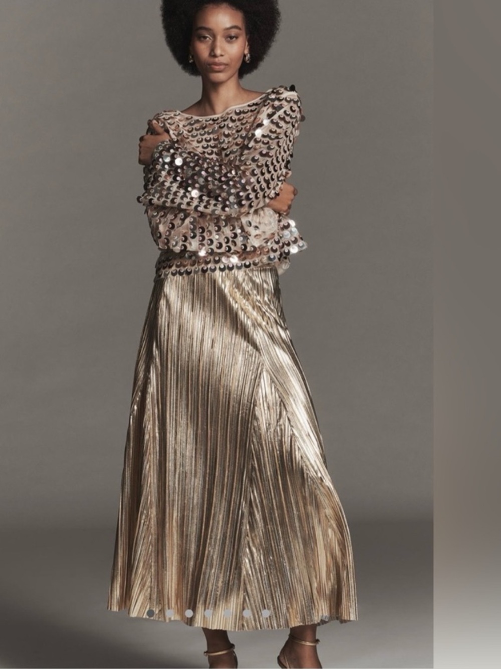 Anthropologie Metallic Gold Pleated Maxi Skirt